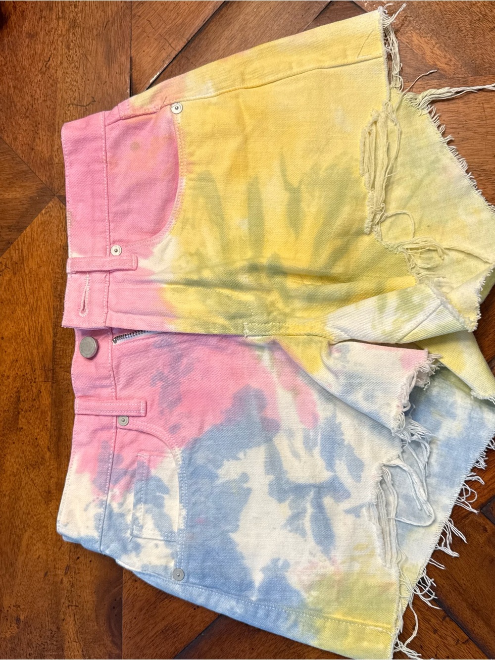 Blank NYC Pastel Tie-Dye Frayed Denim Shorts - Pink, Yellow, Blue